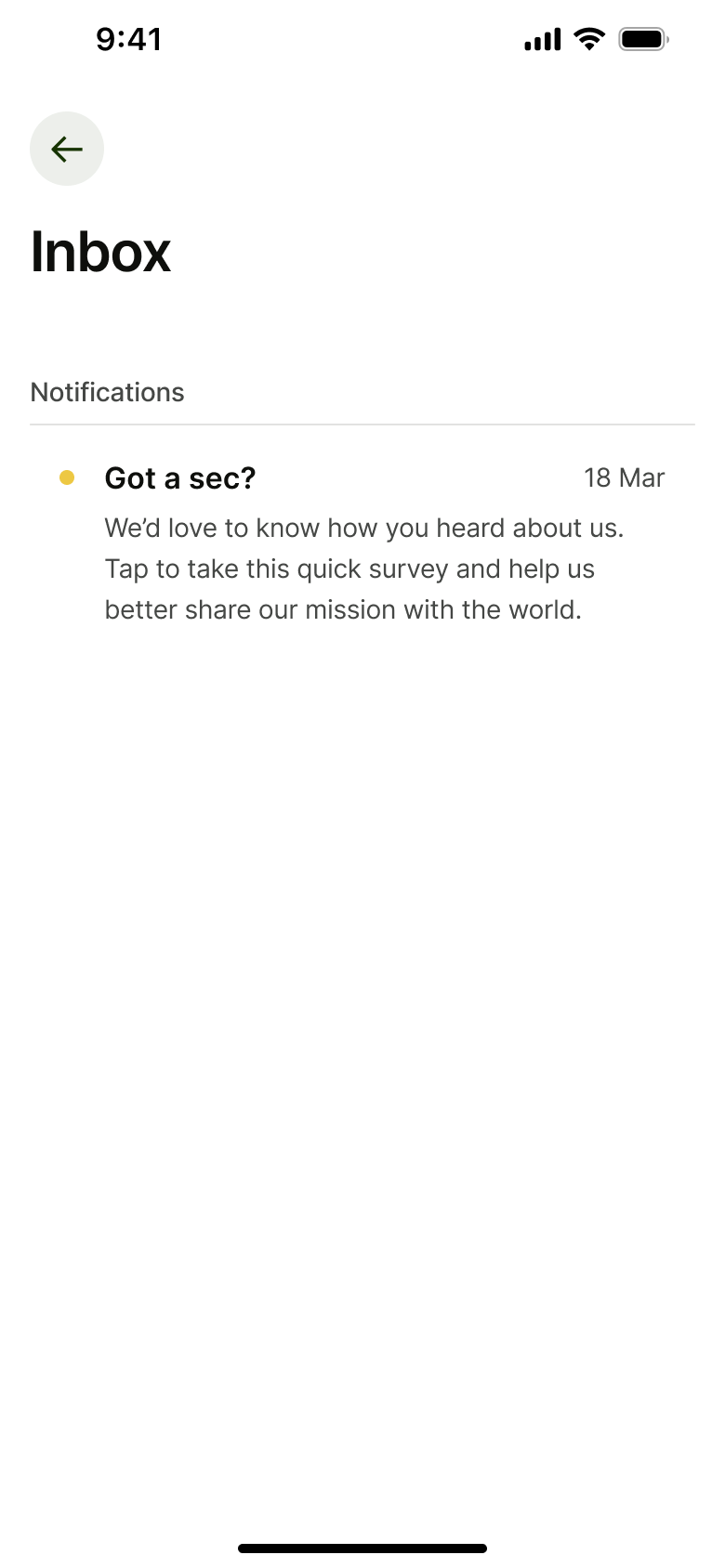 Inbox with a survey notification.