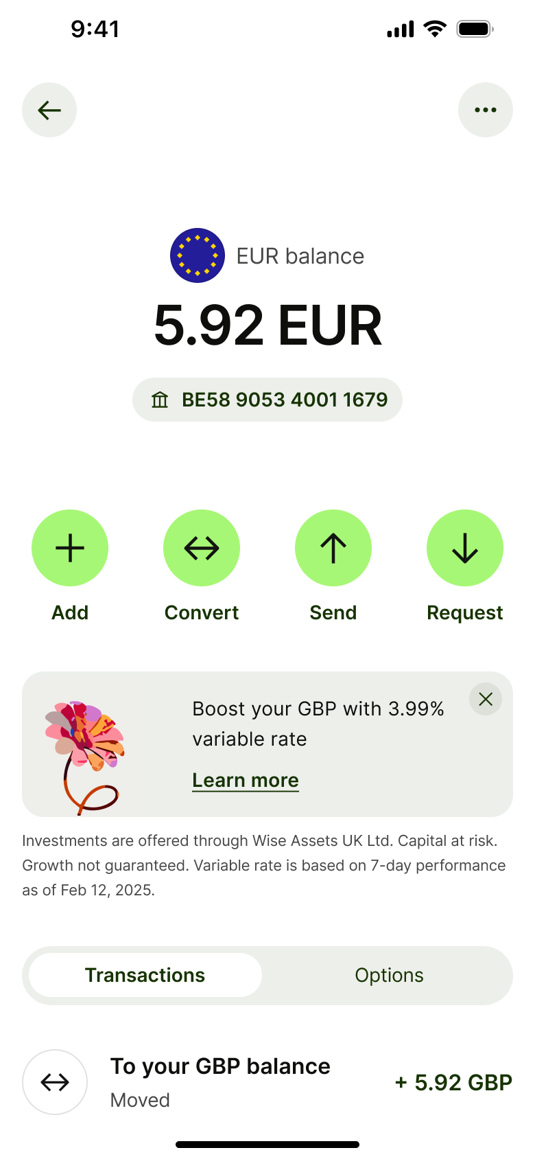 Euro balance with add, convert, send, request and boost promo.