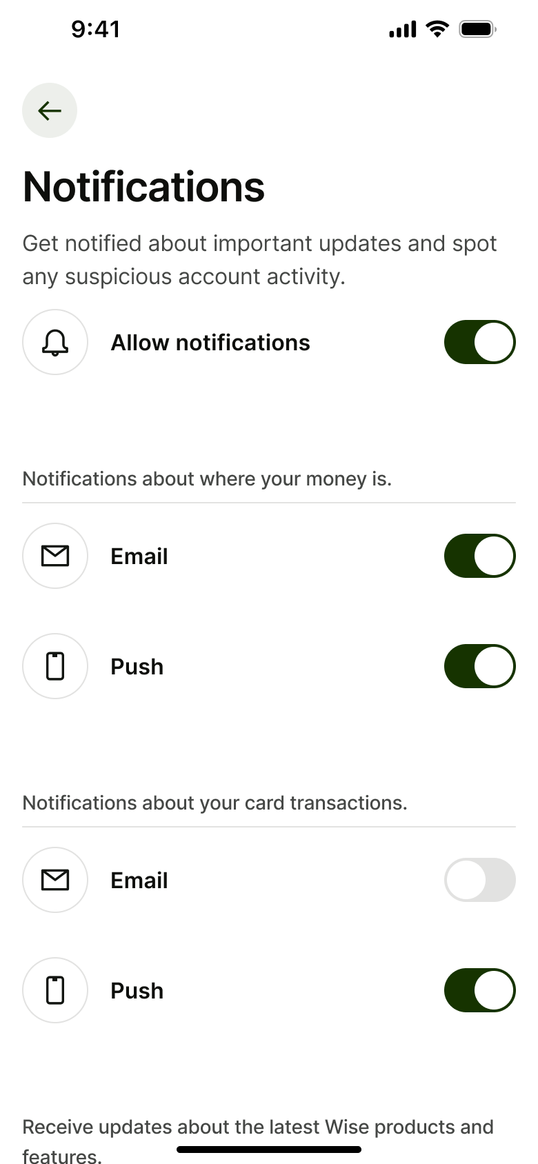 Notification settings: allow notifications, email and push per category.