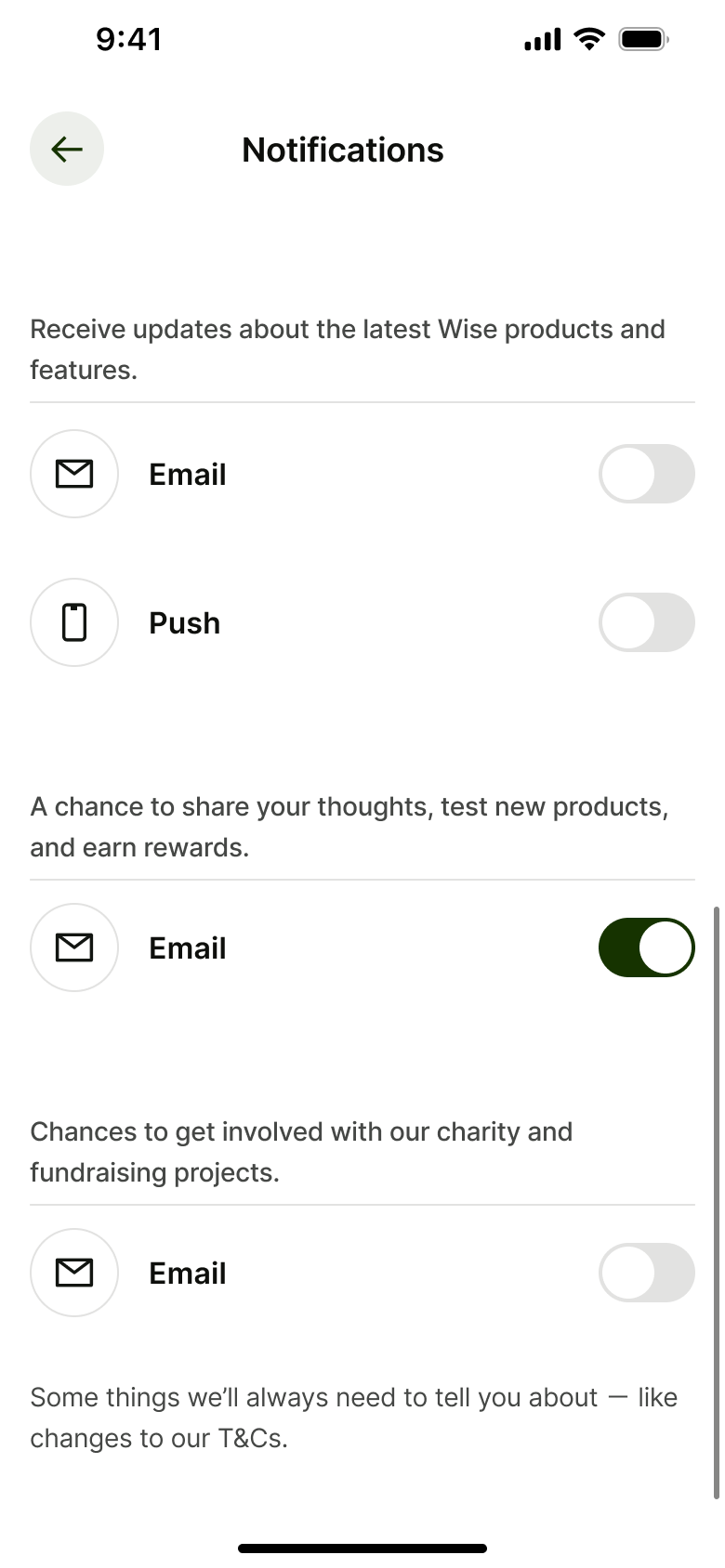 Notification settings scrolled: product updates, research and charity emails.