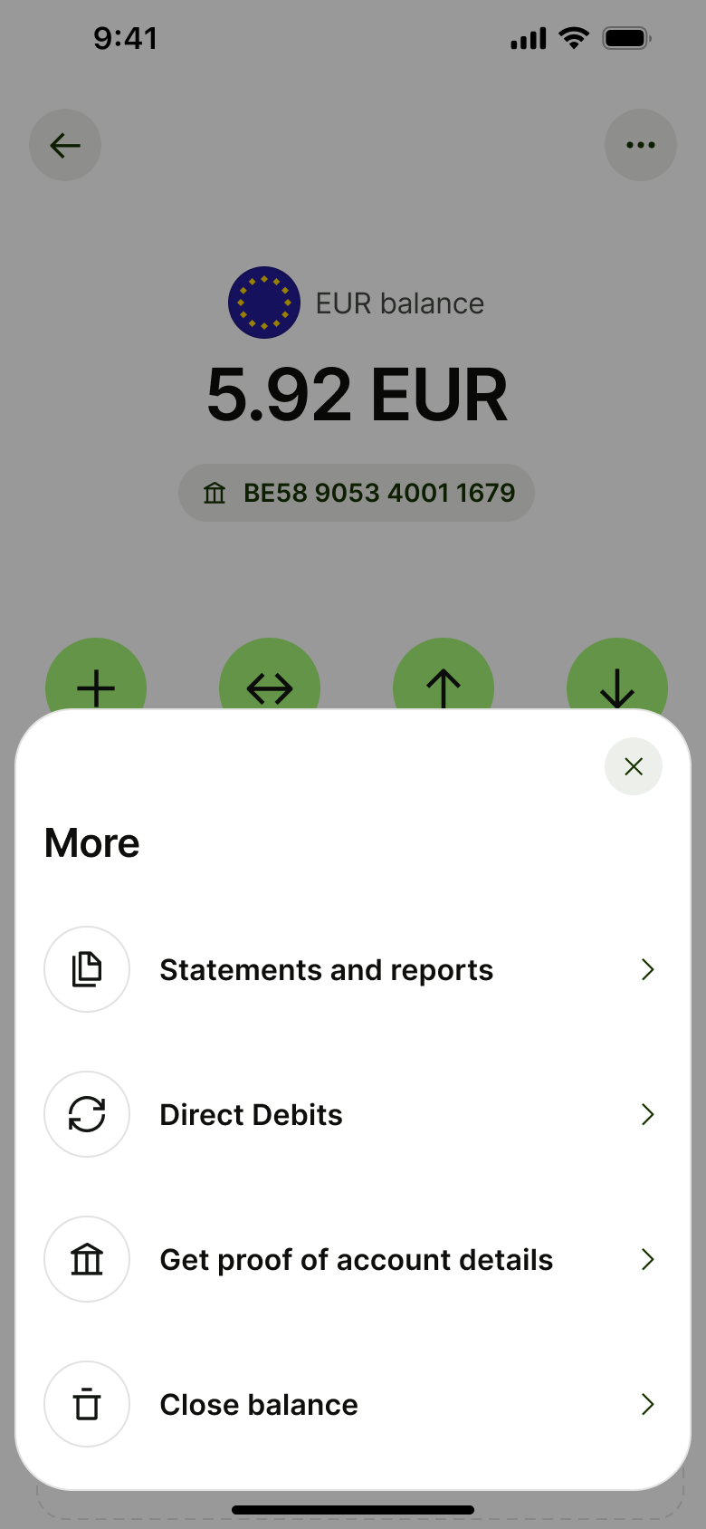 More sheet: statements and reports, direct debits, proof of account details, close balance.