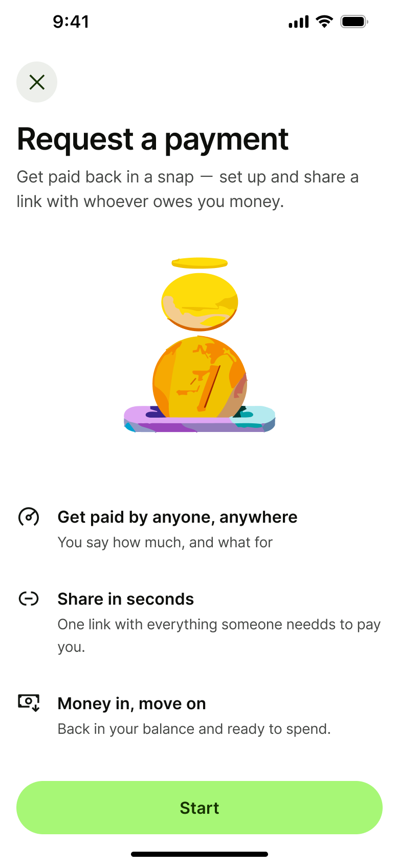 Request a payment: share a link to get paid, with start button.