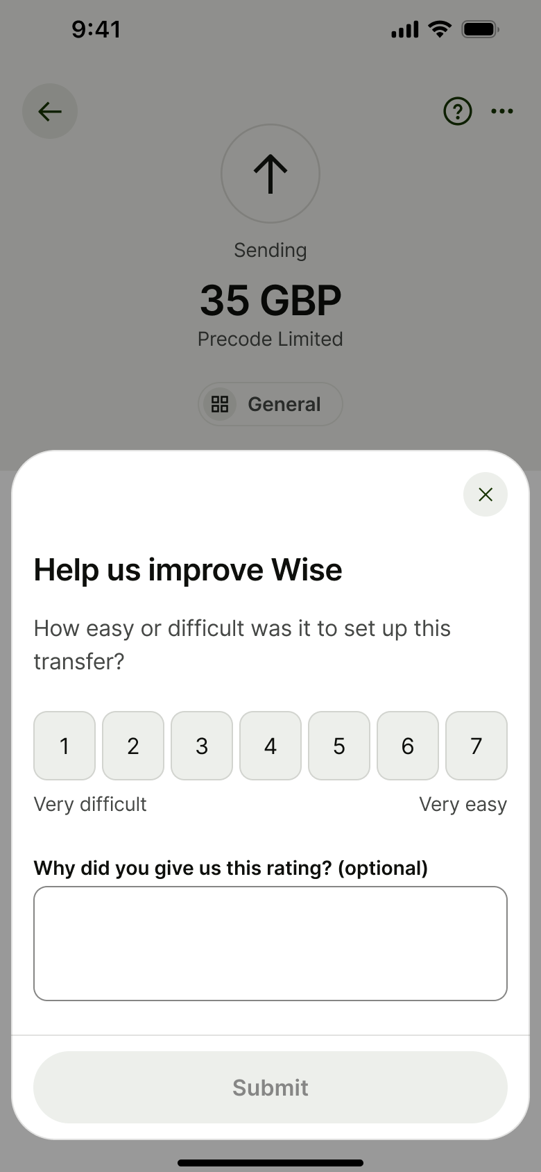 Help us improve: rate how easy the transfer was, optional reason.