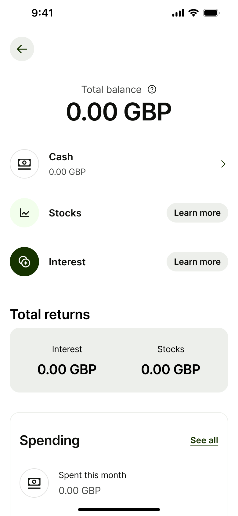 Pound balance: cash, stocks and interest, total returns and spending.