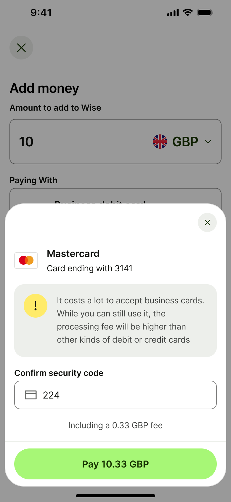 Security code entered with pay button.