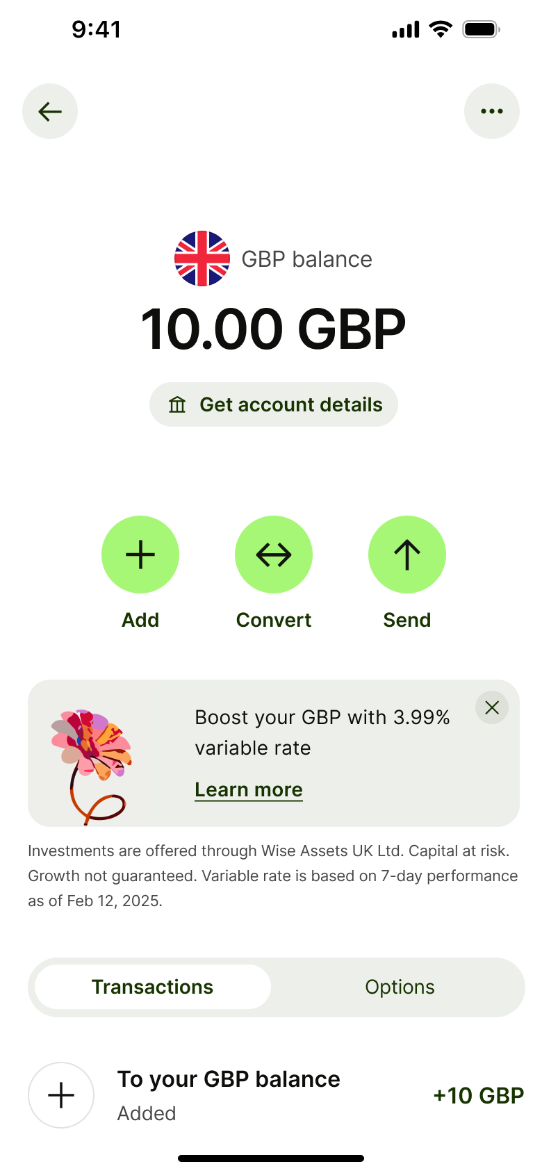 Pound balance with get account details, add, convert, send and boost promo.