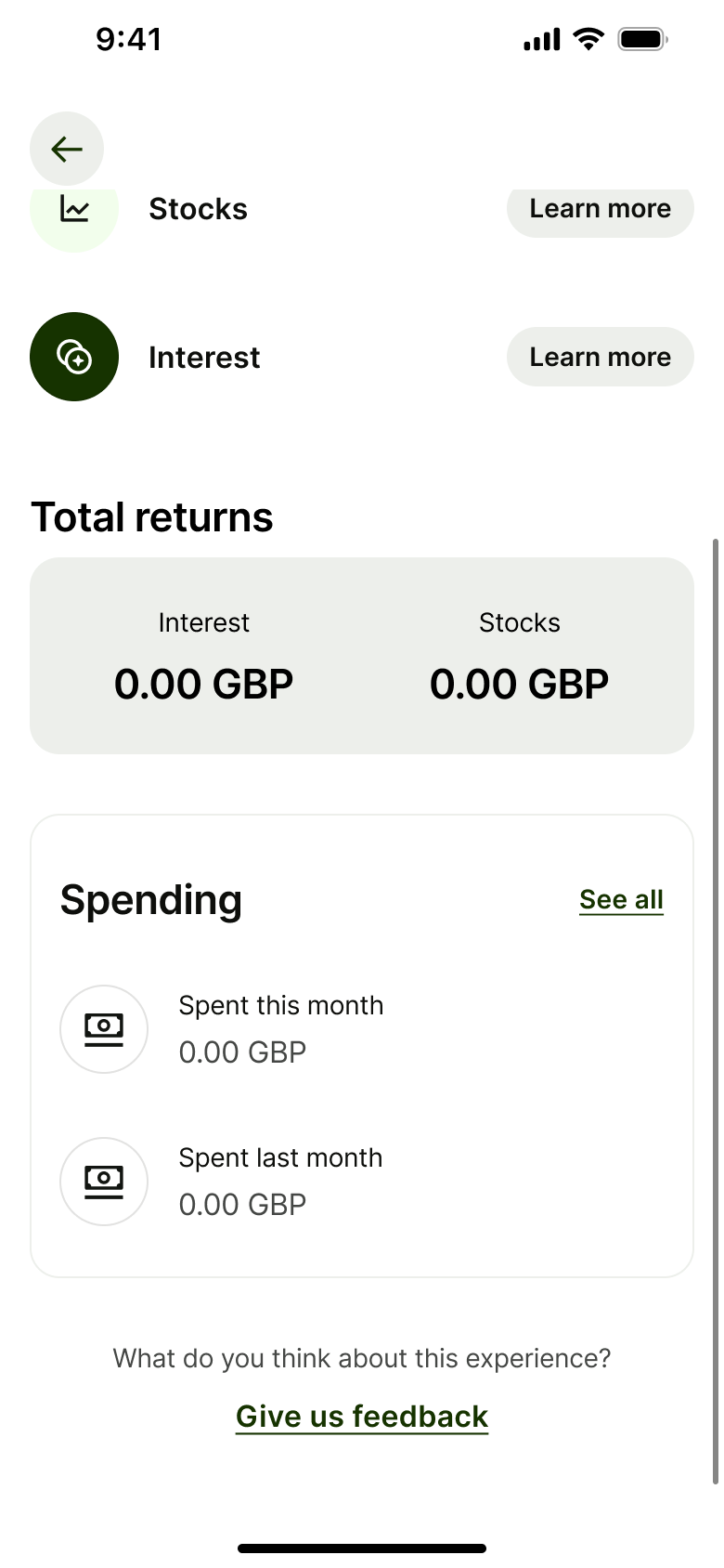 Balance scrolled: returns, spending this and last month, feedback link.