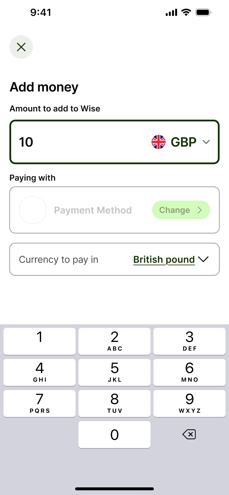 Add money amount typed, payment method loading.