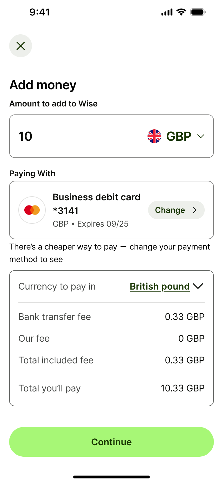 Add money with card and fee breakdown.