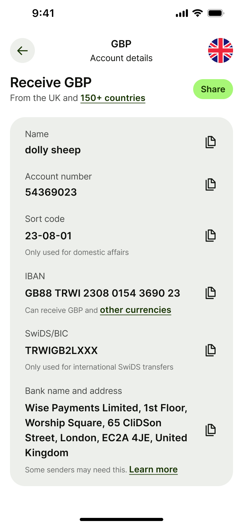 Receive pounds: account name, number, sort code, IBAN with copy buttons and share.