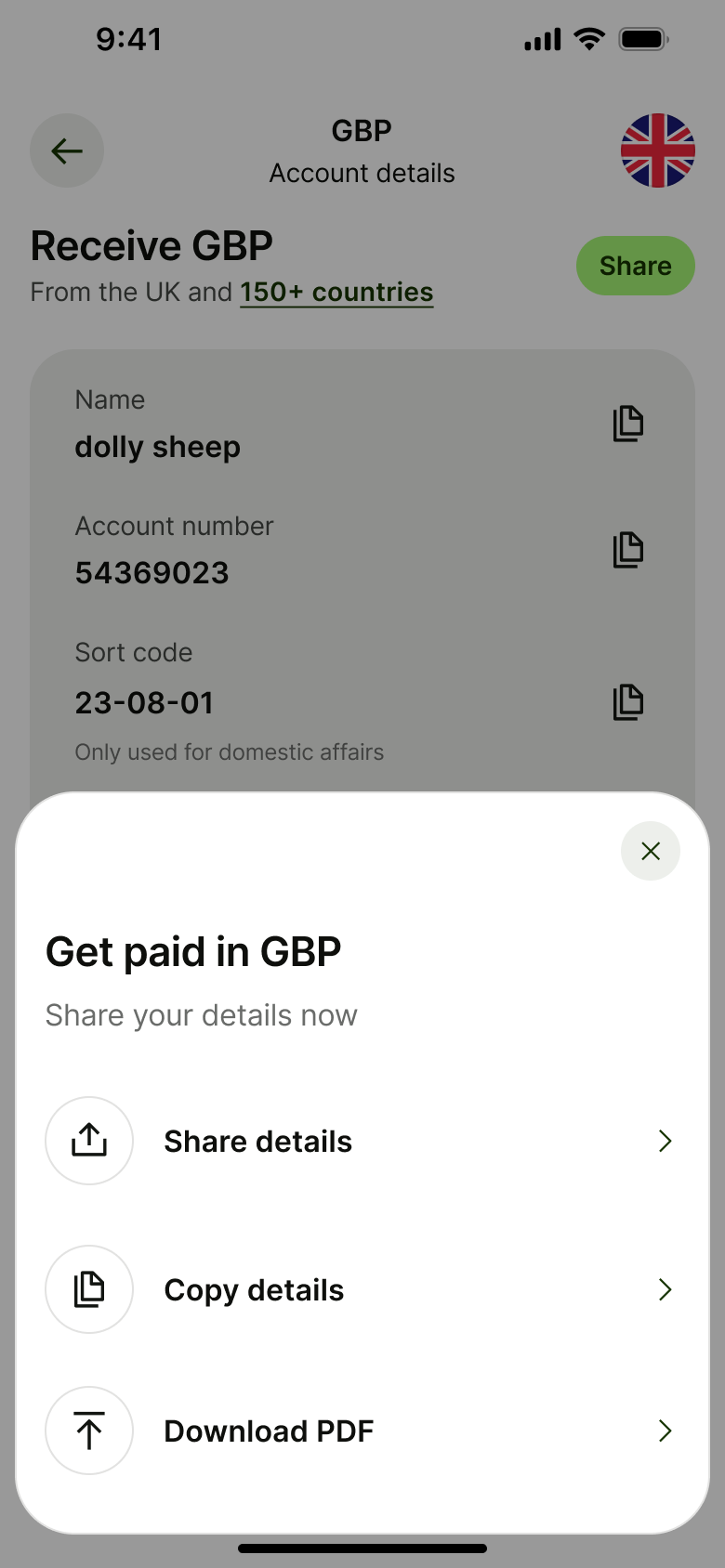 Get paid sheet: share details, copy details, download PDF.
