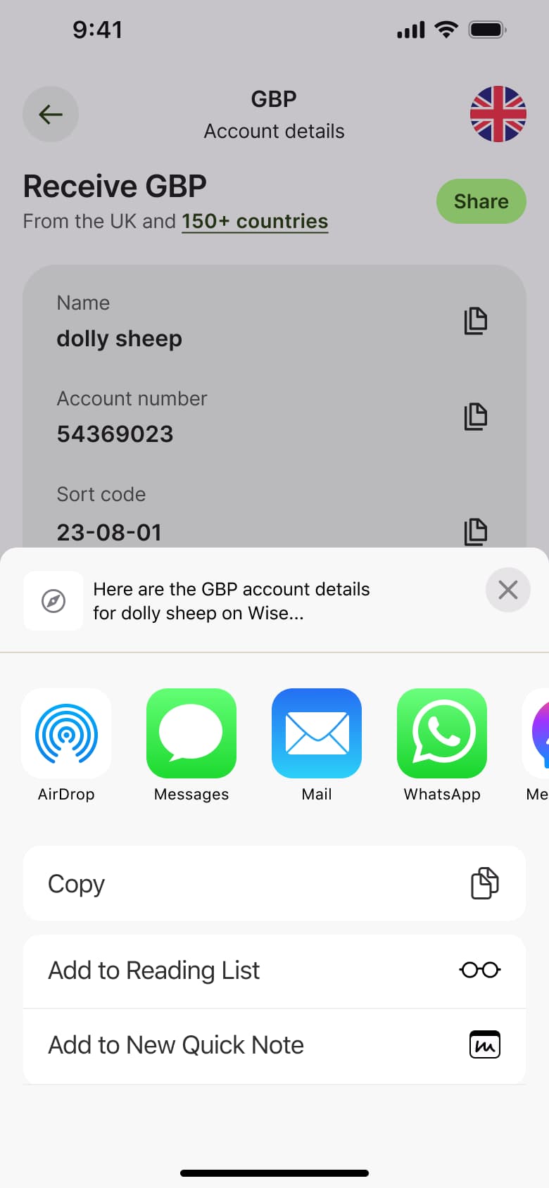 System share sheet for account details.