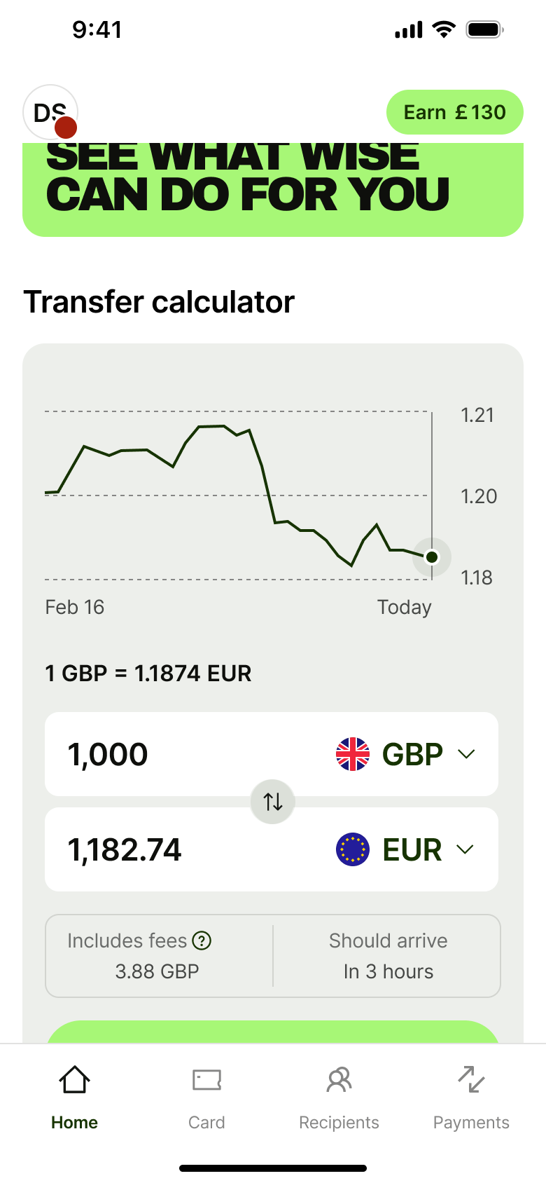 Home transfer calculator: rate chart, amounts in two currencies, fees and arrival time.