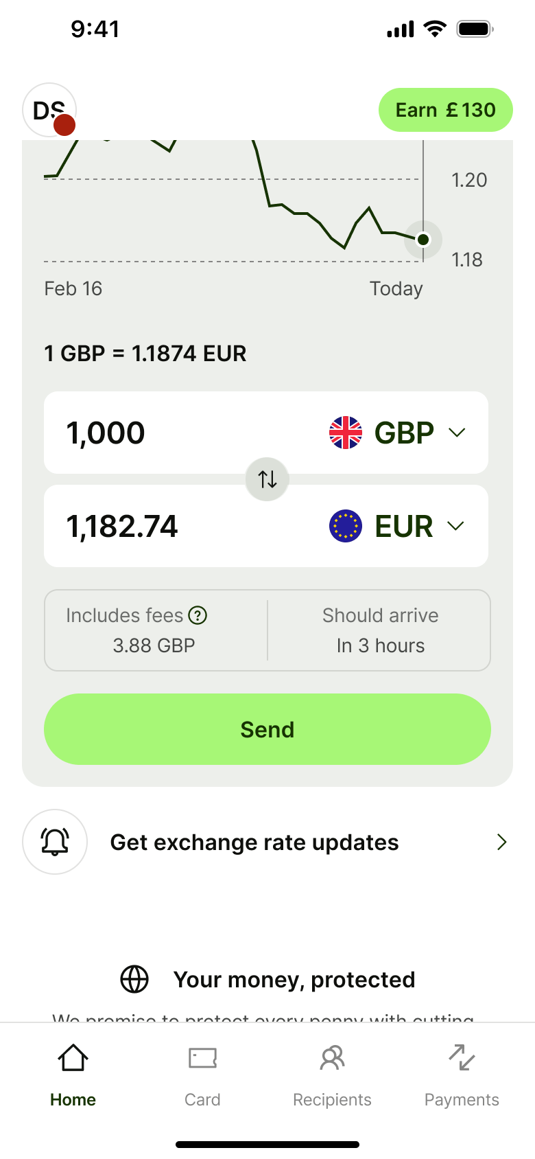Transfer calculator scrolled with send button.