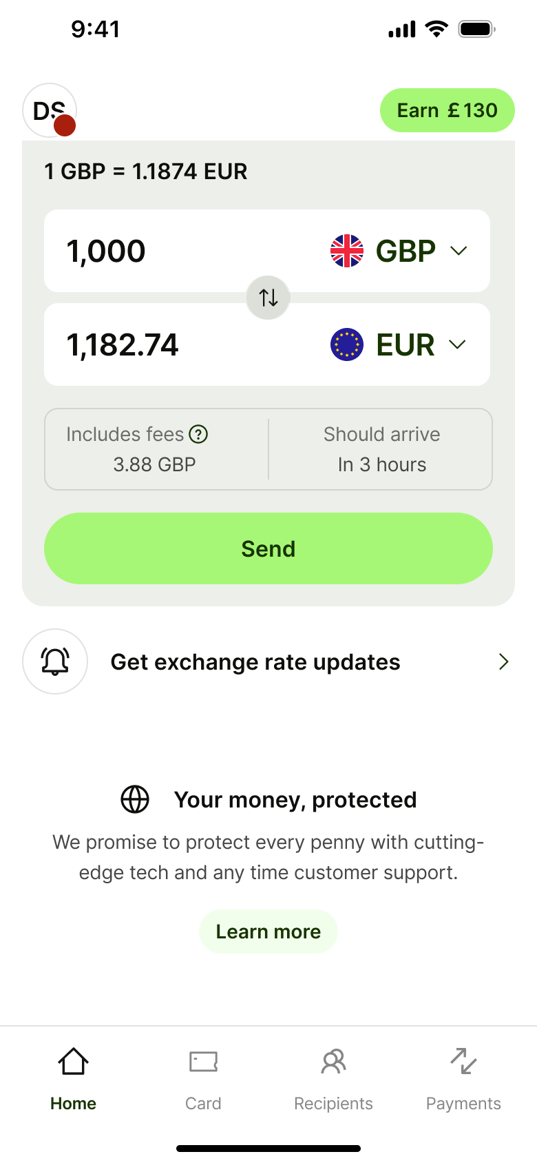 Transfer calculator with exchange rate updates and money protected note.