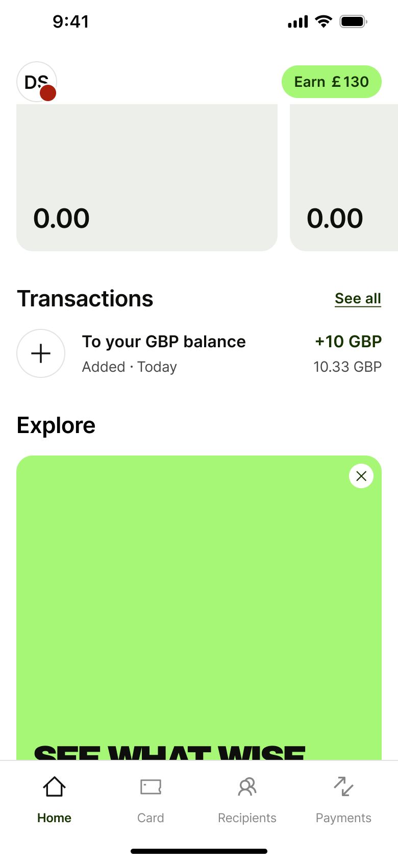 Home scrolled to transactions and explore promo.