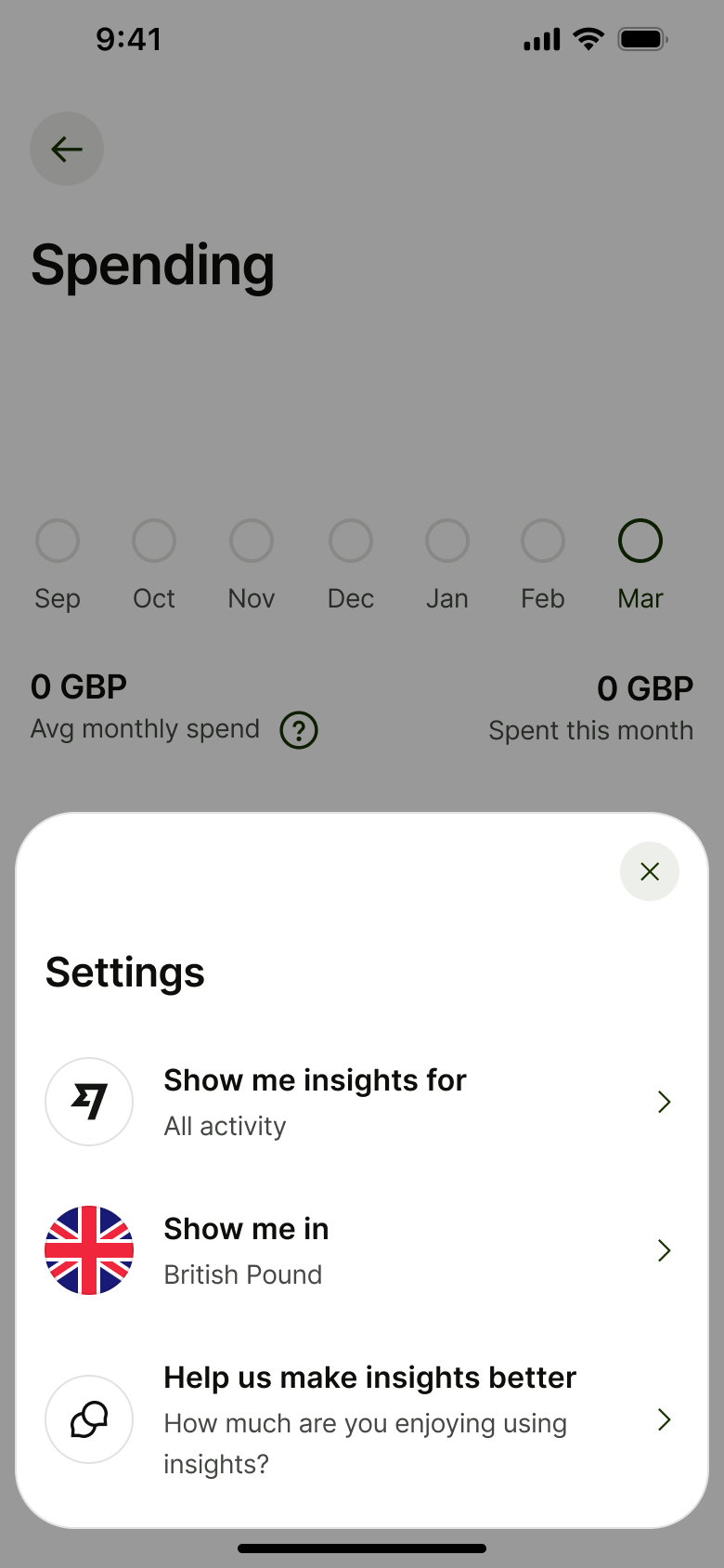 Insights settings sheet: activity, currency and feedback.