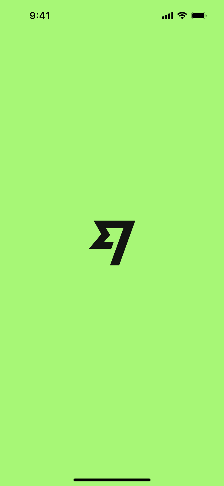 Launch screen with logo mark on bright green.