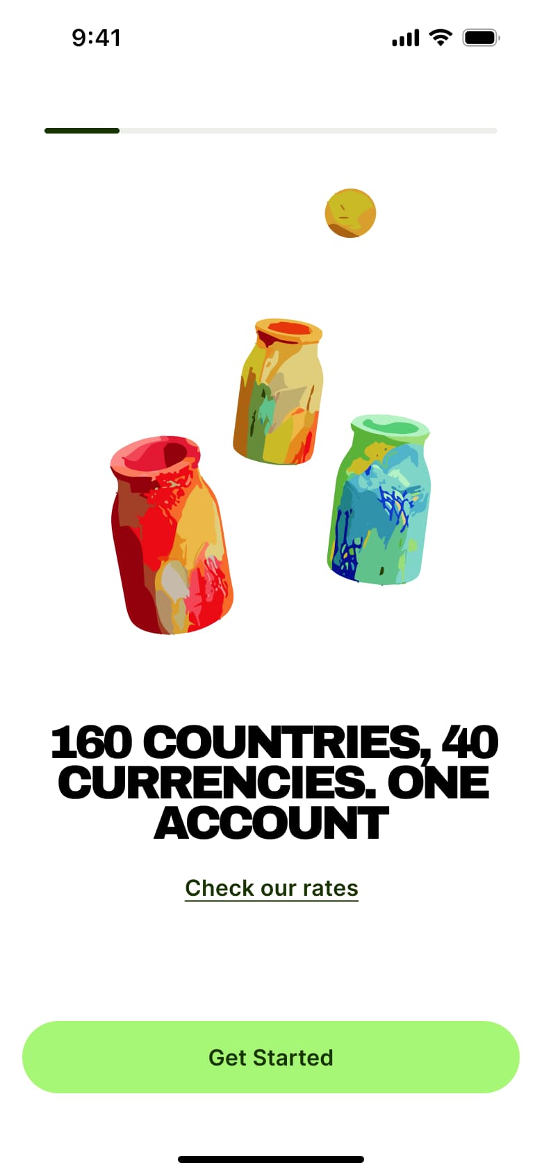 Intro slide: many countries and currencies, one account, with check our rates link.