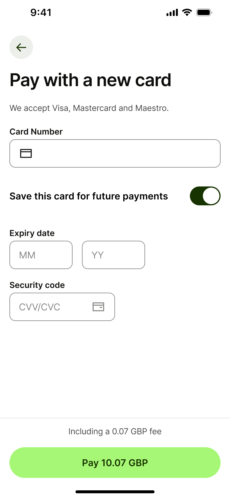 Pay with a new card: number, save card toggle, expiry and security code.