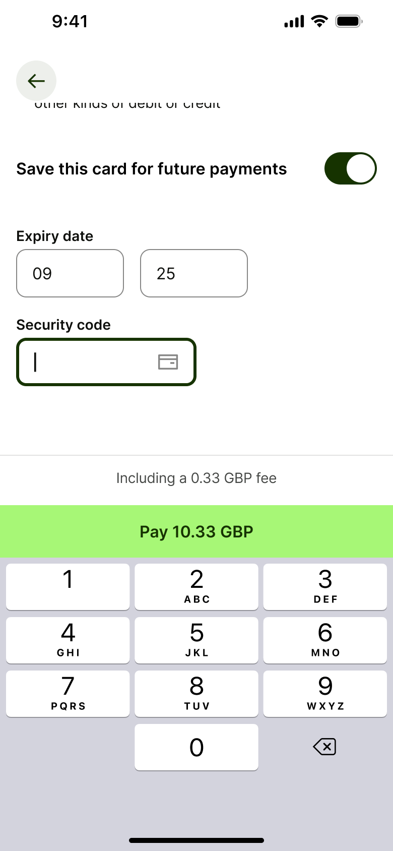 Security code field focused.