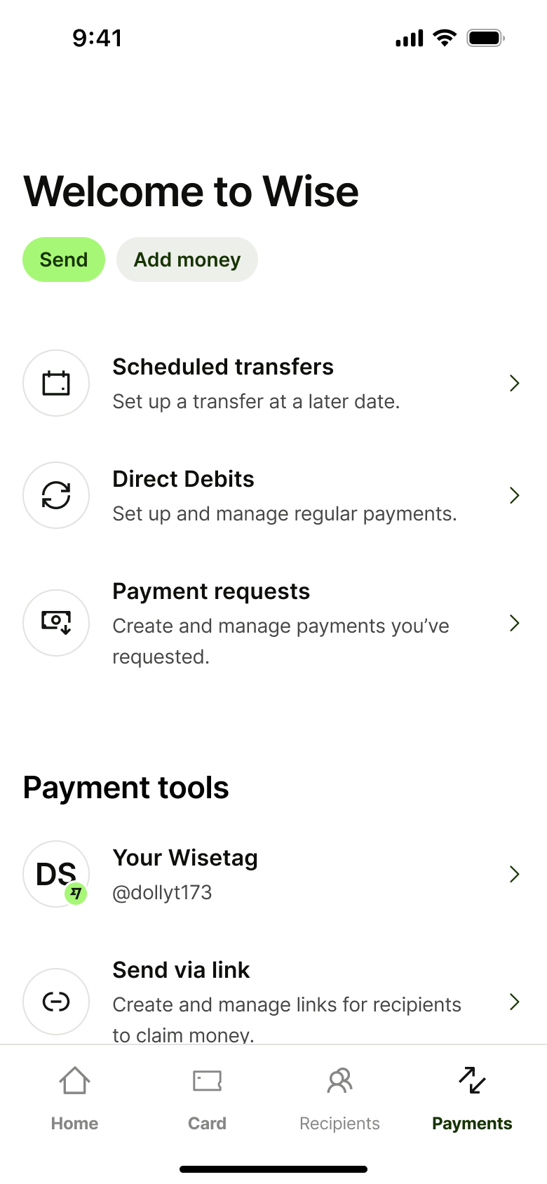 Payments tab: scheduled transfers, direct debits, payment requests and tools.