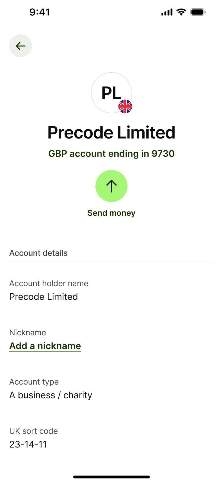 Recipient detail: business account with send money and account details.