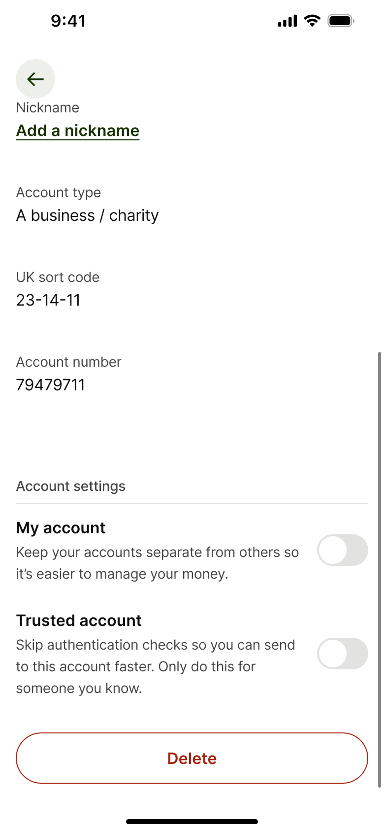 Recipient settings: nickname, account info, my account and trusted toggles, delete.