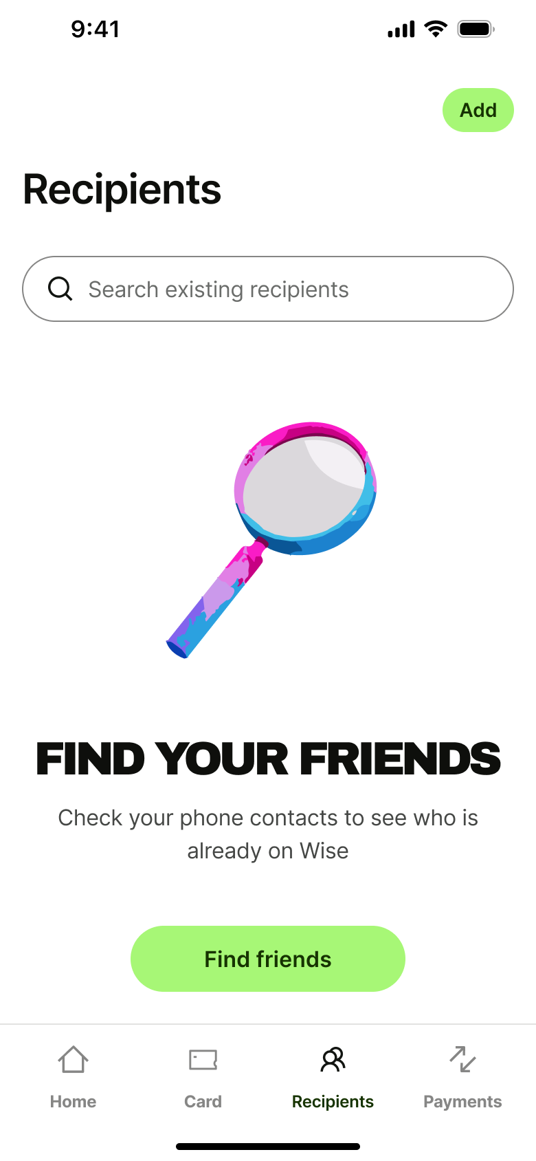 Recipients empty: find your friends, check contacts.