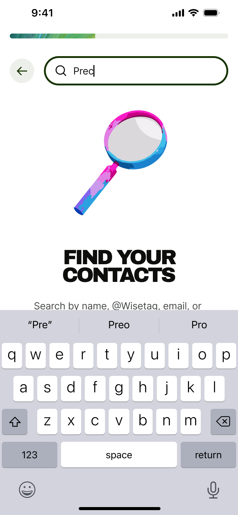 Contacts search typing with progress.