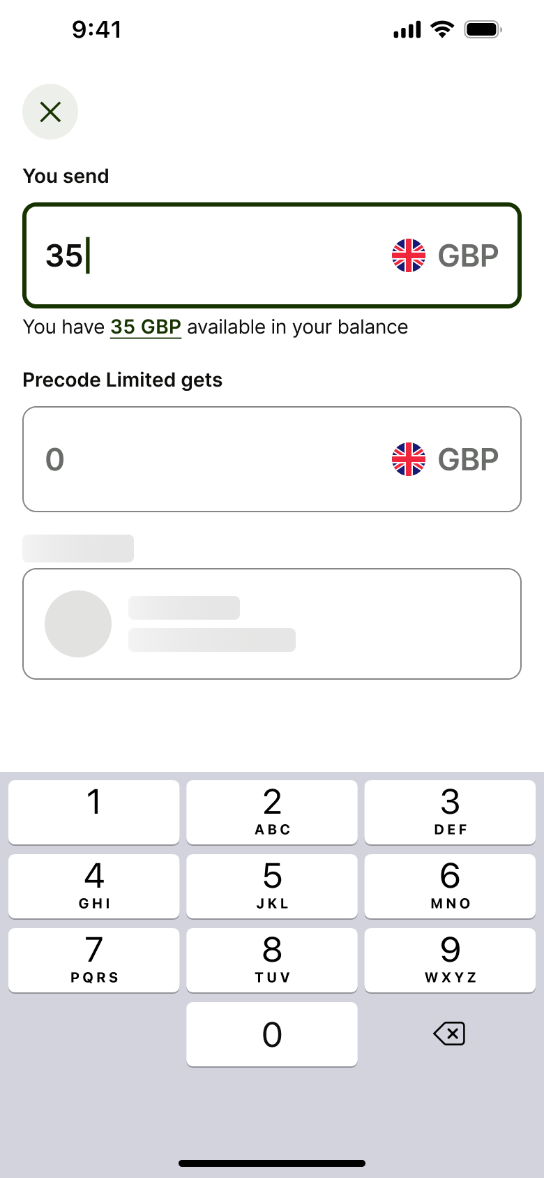 Send amount typed with recipient amount loading.