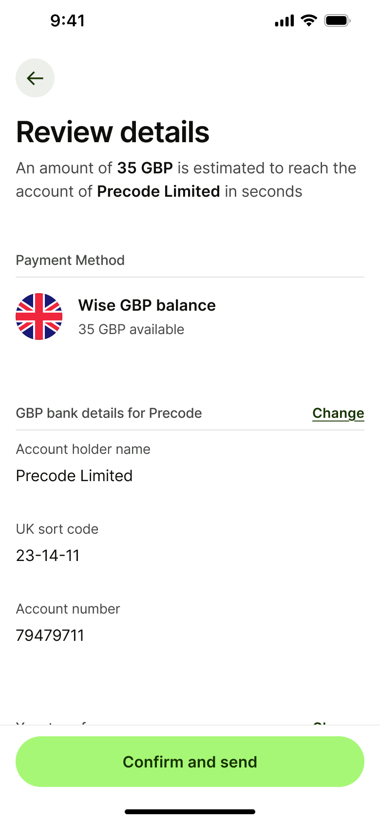 Review details: payment method and recipient bank details with confirm and send.