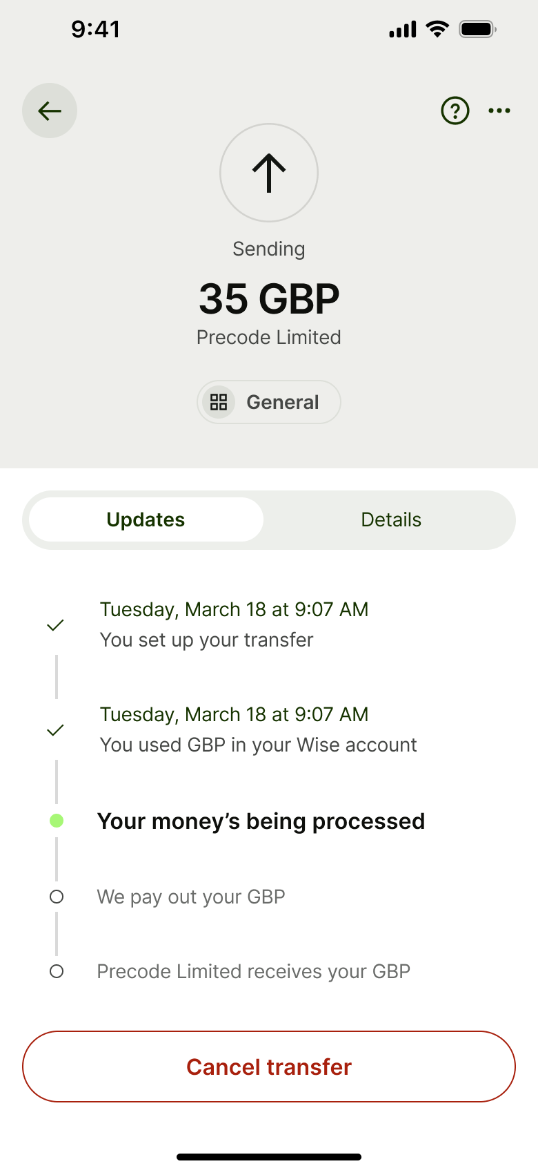 Sending transfer: processing timeline with cancel transfer.