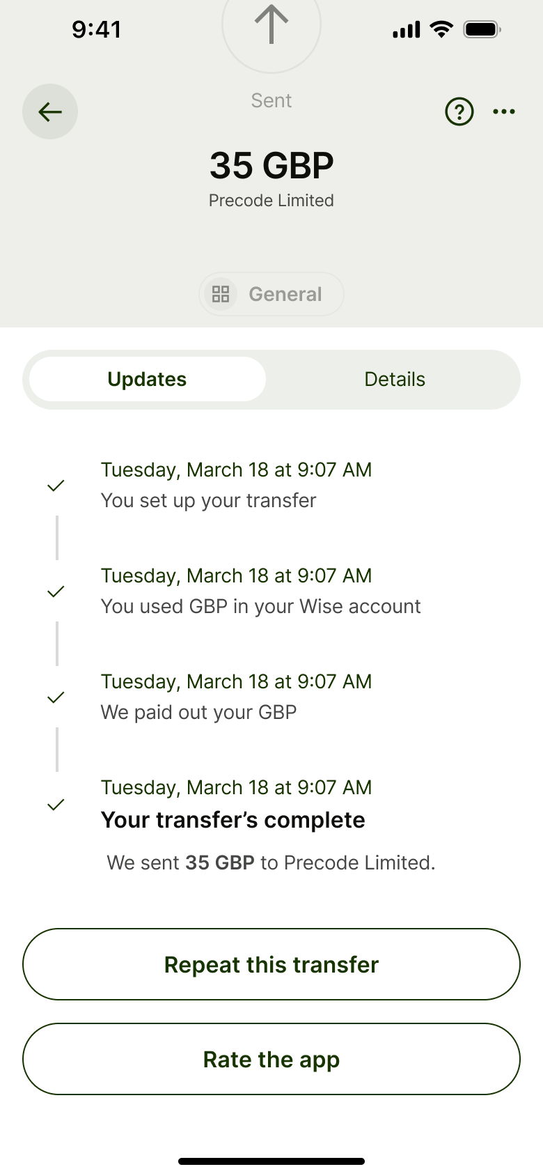 Sent transfer: completed updates timeline with repeat transfer and rate the app.