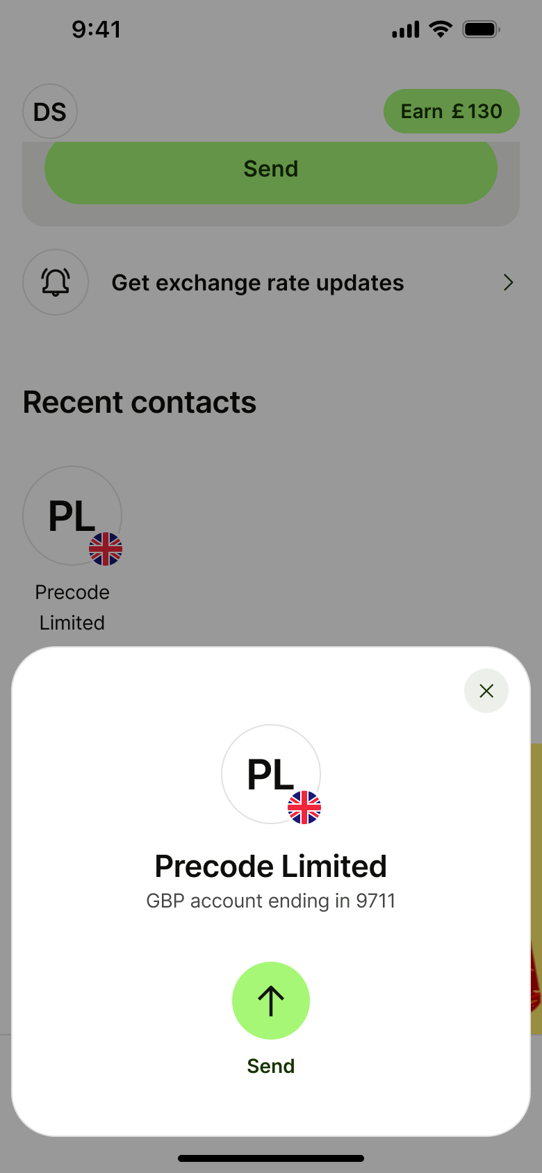Recent contact sheet with send button.