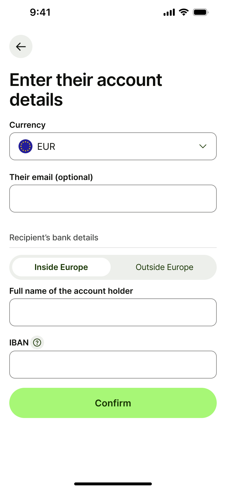 Enter their account details: currency, email, inside or outside Europe, name and IBAN.