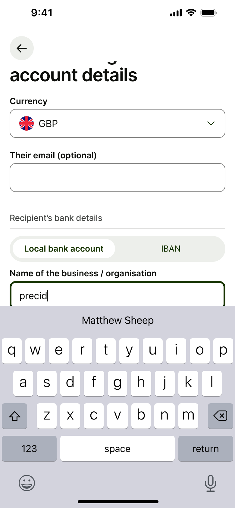 Organisation name being typed with autofill suggestion.
