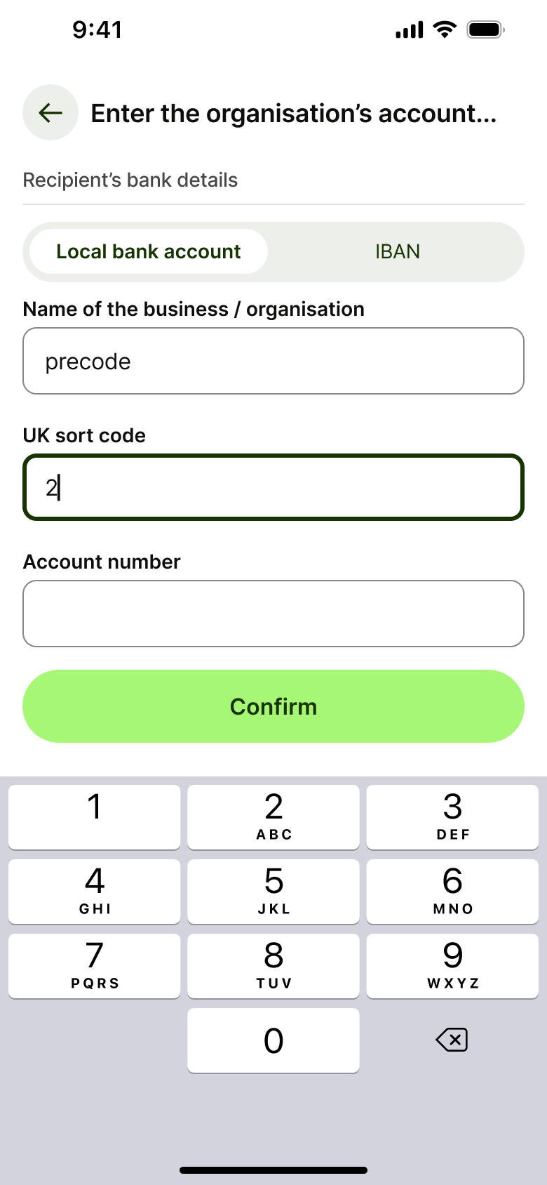 Sort code being entered.
