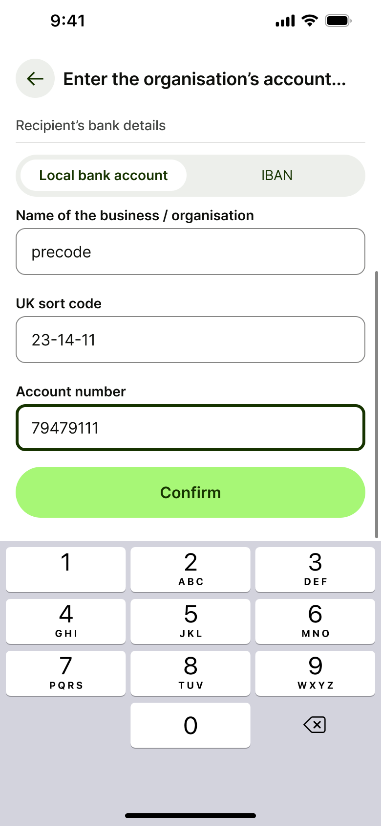 Account number entered with confirm.