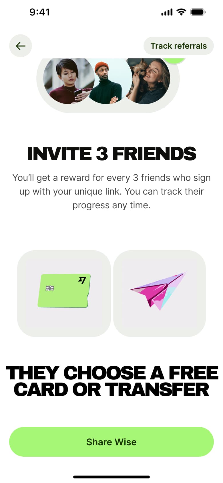 Invite friends explainer: friends choose a free card or transfer.