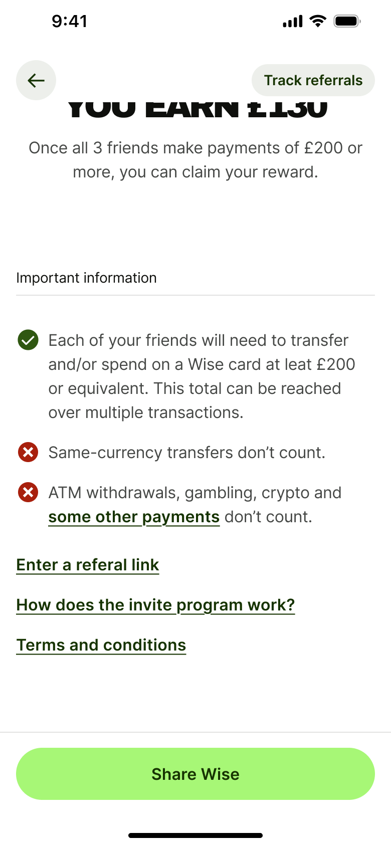 Referral conditions, enter a referral link, how it works, terms.