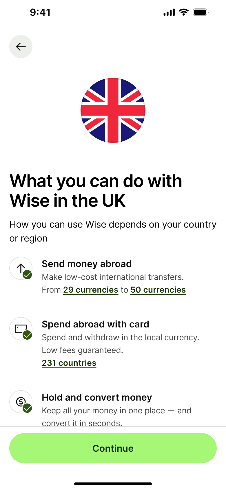 What you can do in your country: send, spend and hold money features.