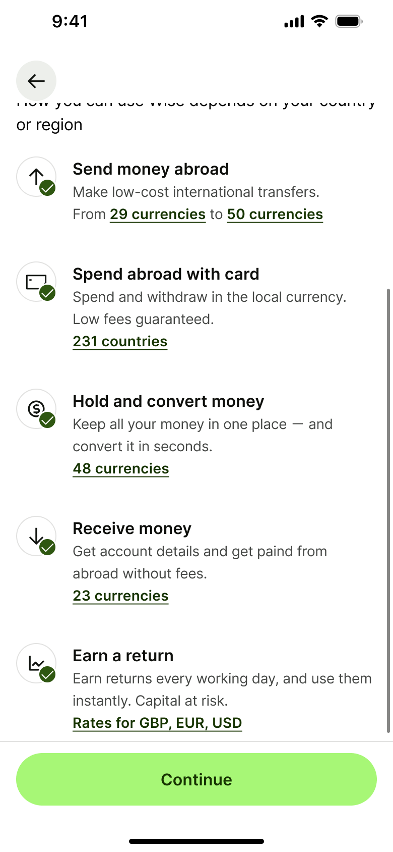 Features list scrolled: receive money and earn a return.