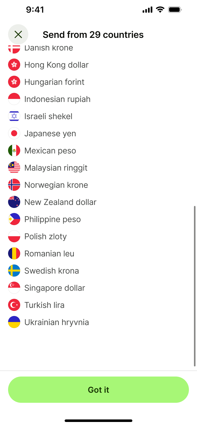 Send-from currencies list scrolled.
