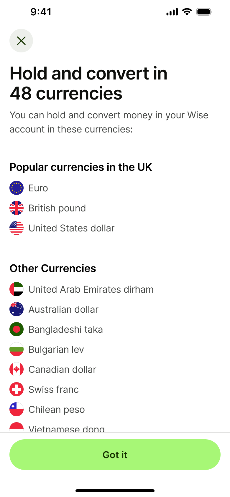 Hold and convert in many currencies list.
