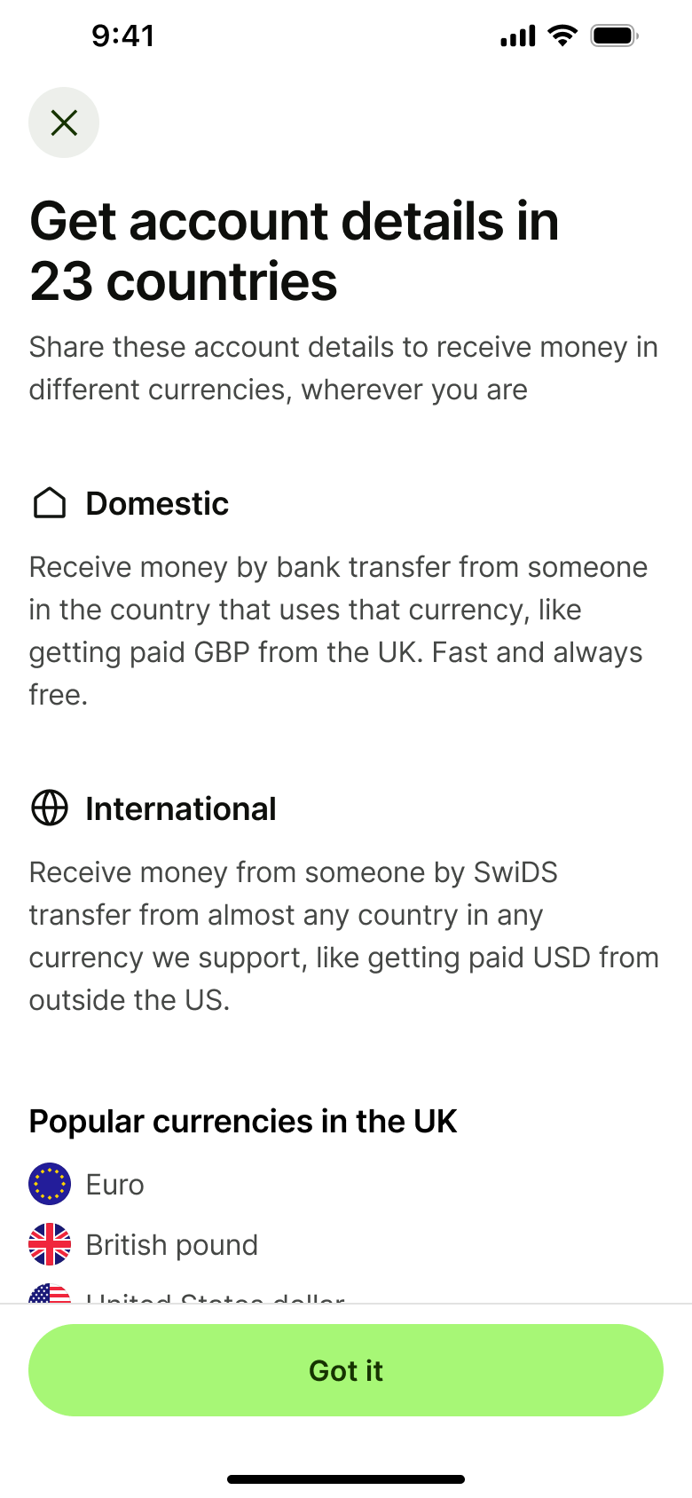 Get account details in many currencies: domestic and international.