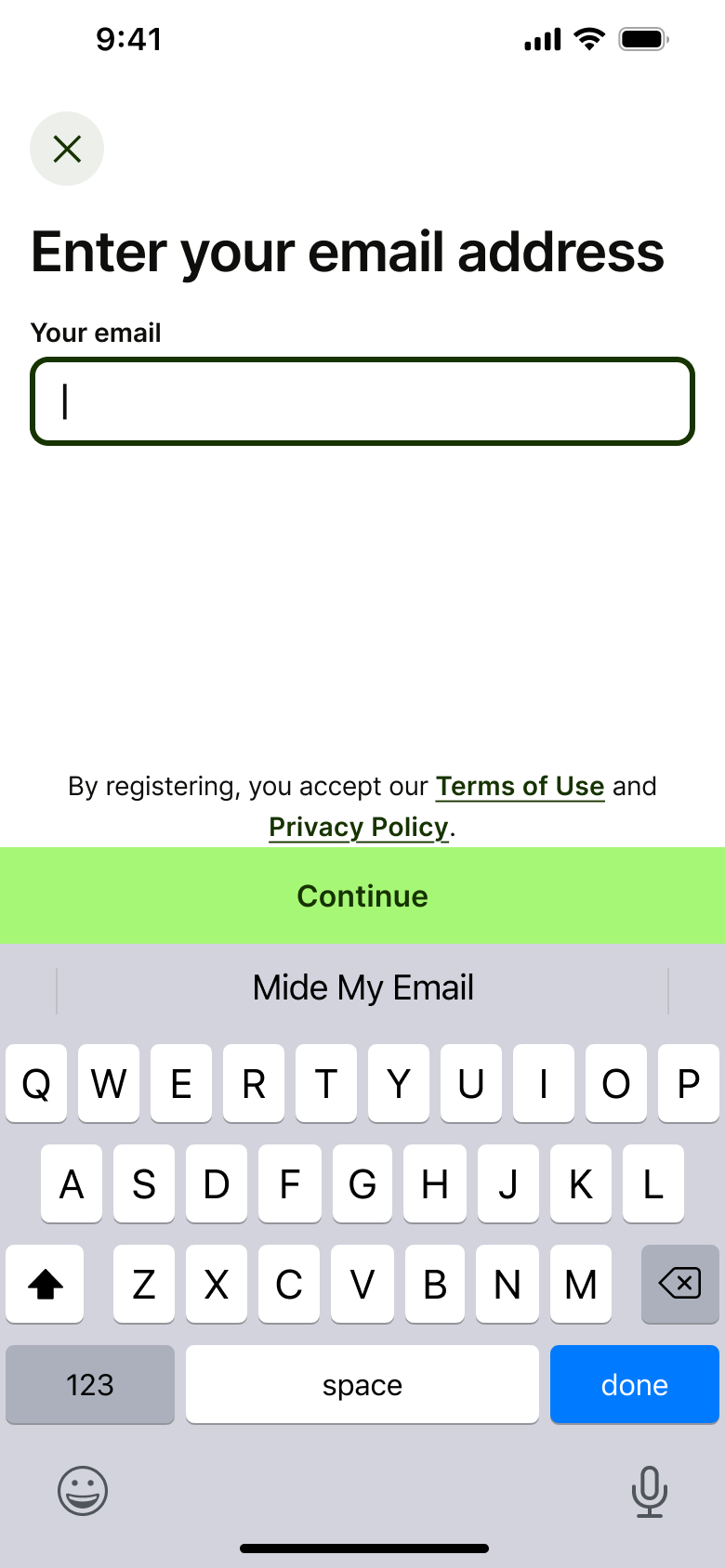 Email field focused with hide my email suggestion.