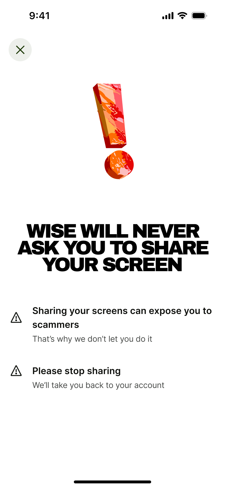 Security warning: never share your screen, please stop sharing.