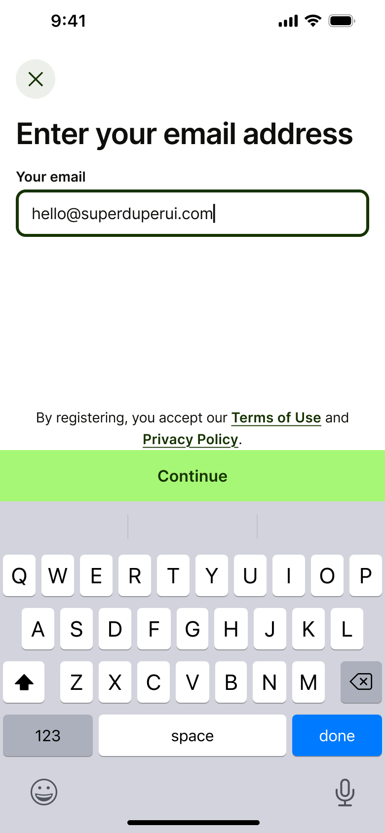 Email address typed with continue.