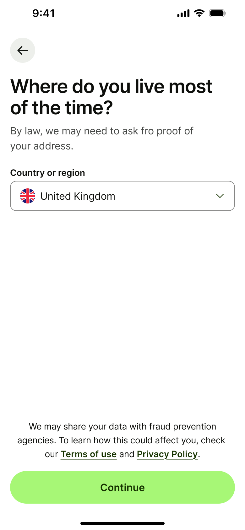 Where do you live most of the time: country select.